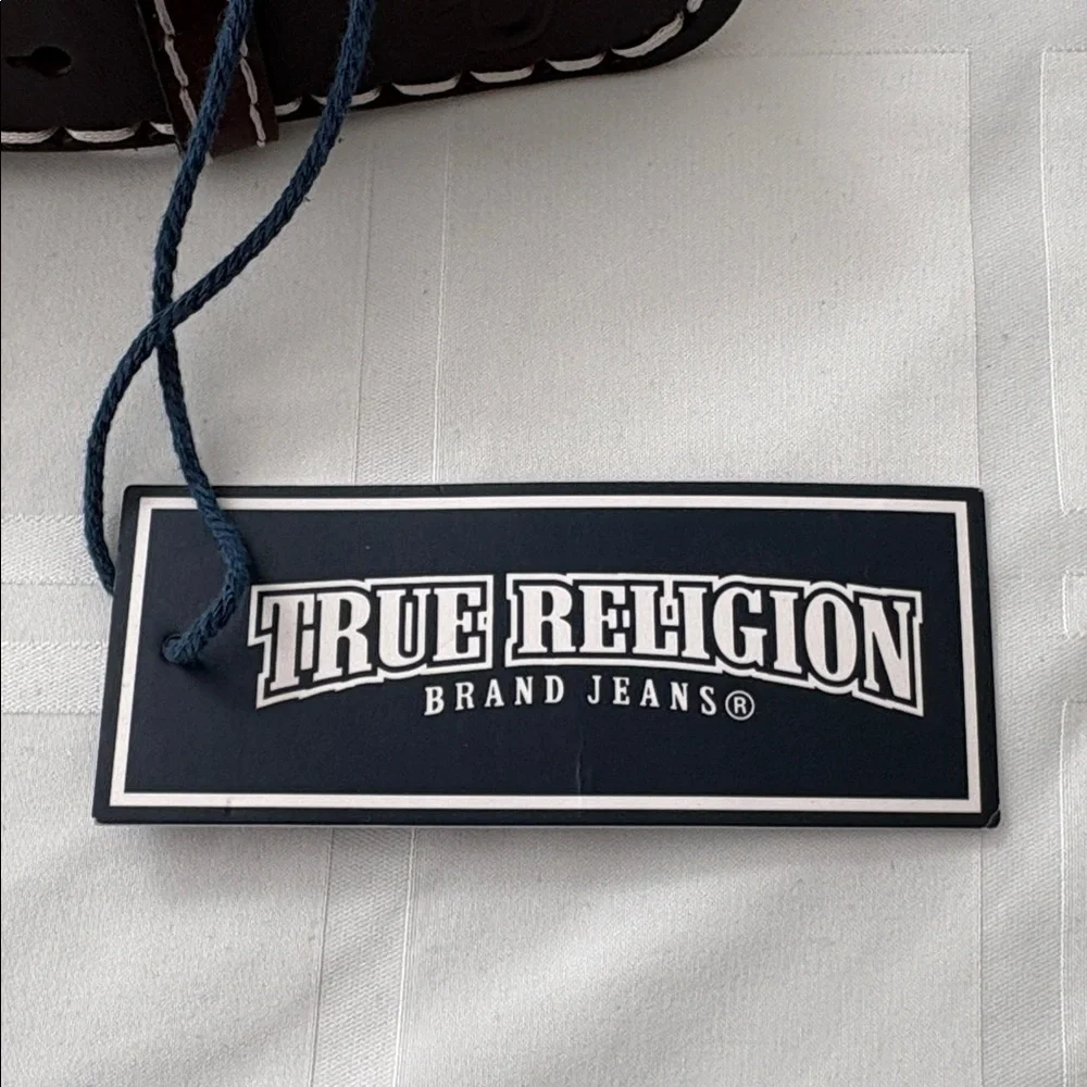 True‎ Religion Men's Brown Stitching Belt with Signature Buddha Silver Buckle 38